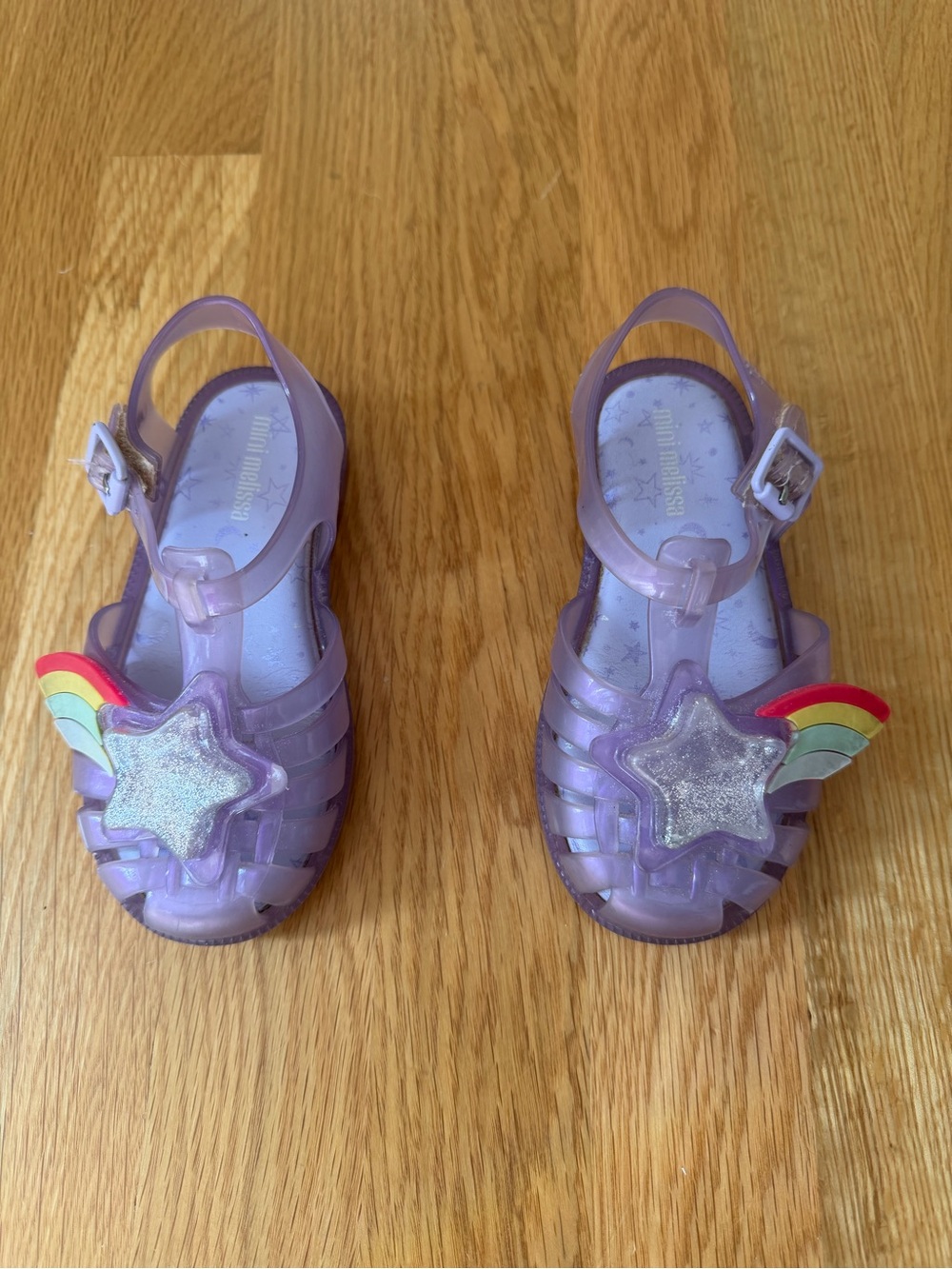 Mini Melissa Girls' Purple Jelly Sandals with Glitter Star & Rainbow, size 9